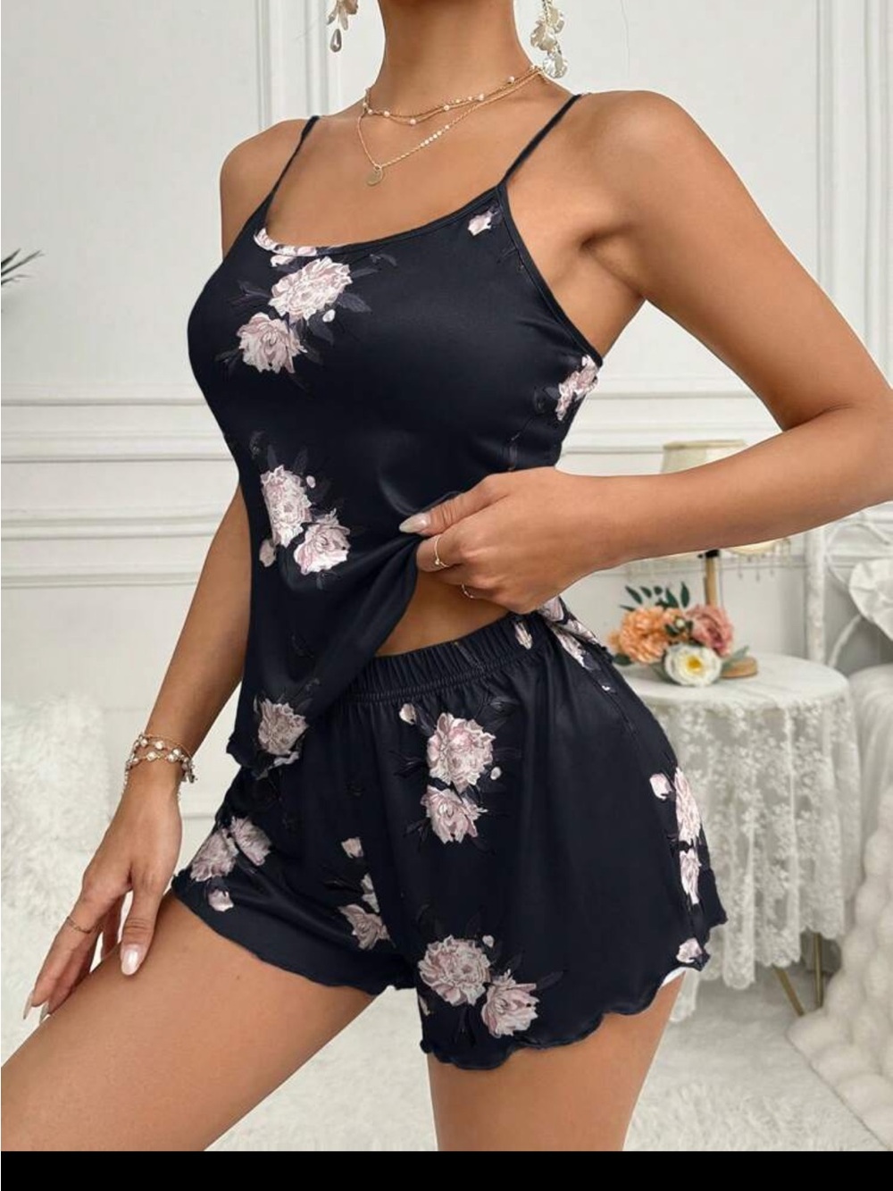 Floral Satin Cami & Short Sleep Set - Navy with Blush Roses